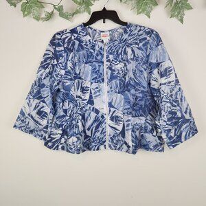 Ruby Rd. Size 18 Linen Blend Blue 3/4 Sleeve Tropical Semi Sheer Top Blouse